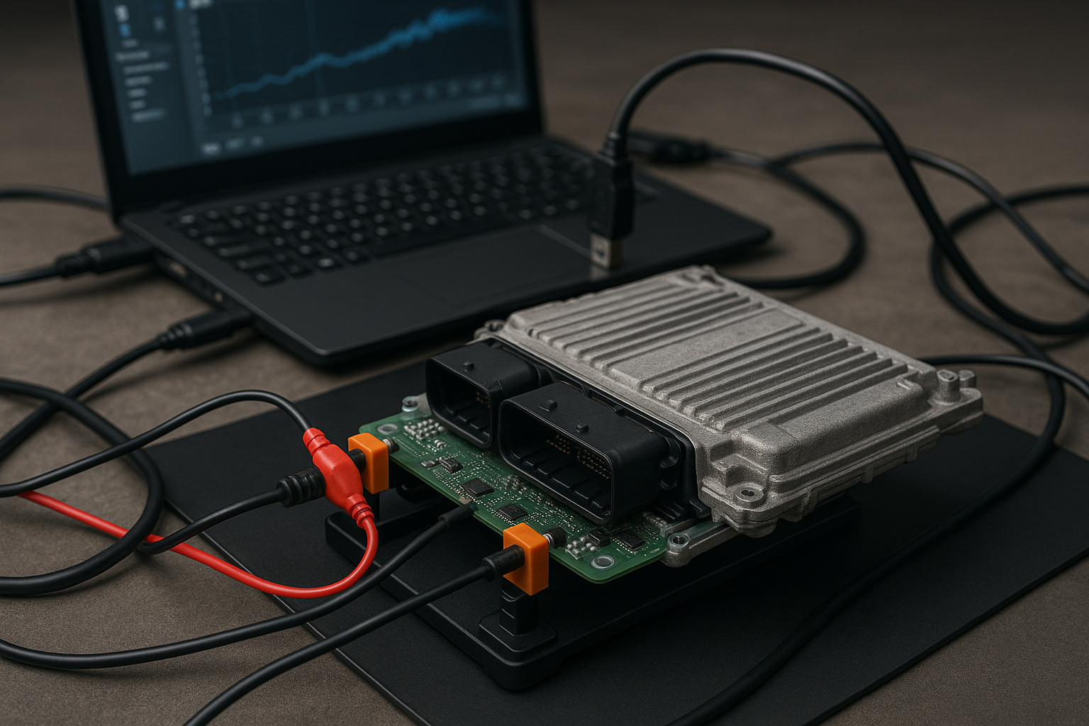 A silver automotive ECU connected by cables to a laptop displaying a graph, with other wires and connectors attached, set on a dark surface.